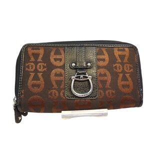 Etienne Aigner Brown Logo Print Zip Around Wallet‎ Clutch Purse NWOT
